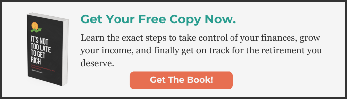 Download your free copy of "It's Not Too Late to Get Rich" Learn the exact steps to take control of your finances, grow your income, and finally get on track for the retirement you deserve.