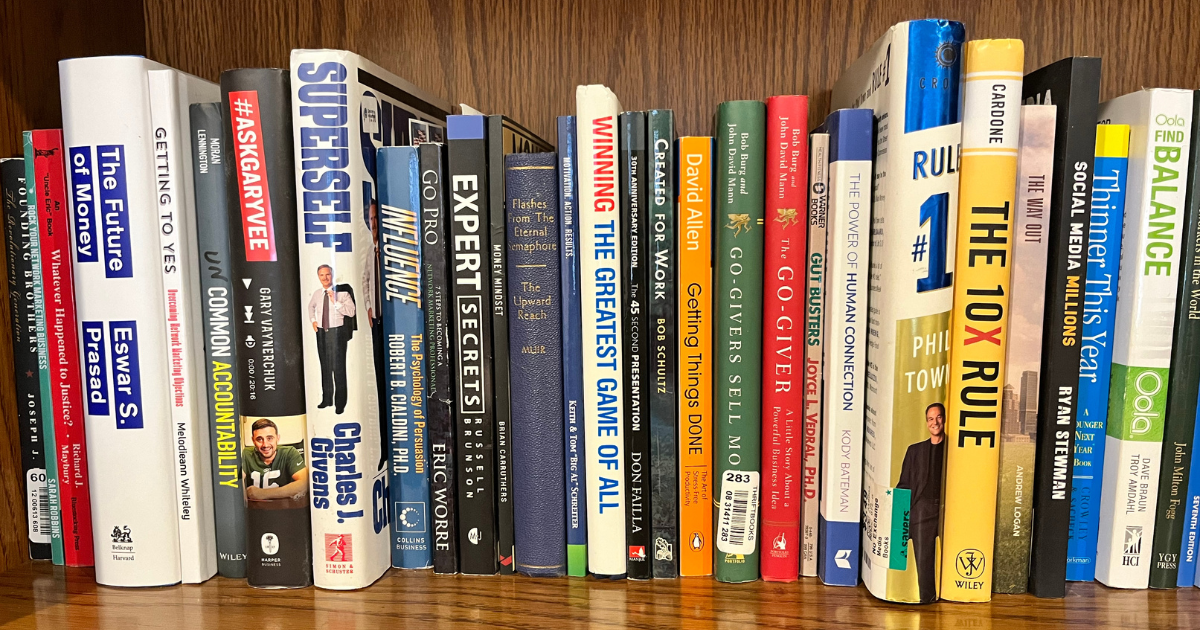 books on a shelf - some of the books I read during my morning ritual