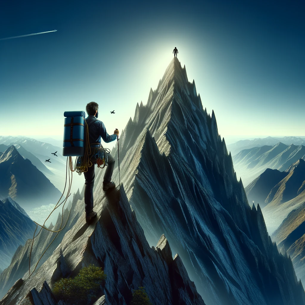 Entrepreneur climbing the metaphorical mountain to succeed in network marketing