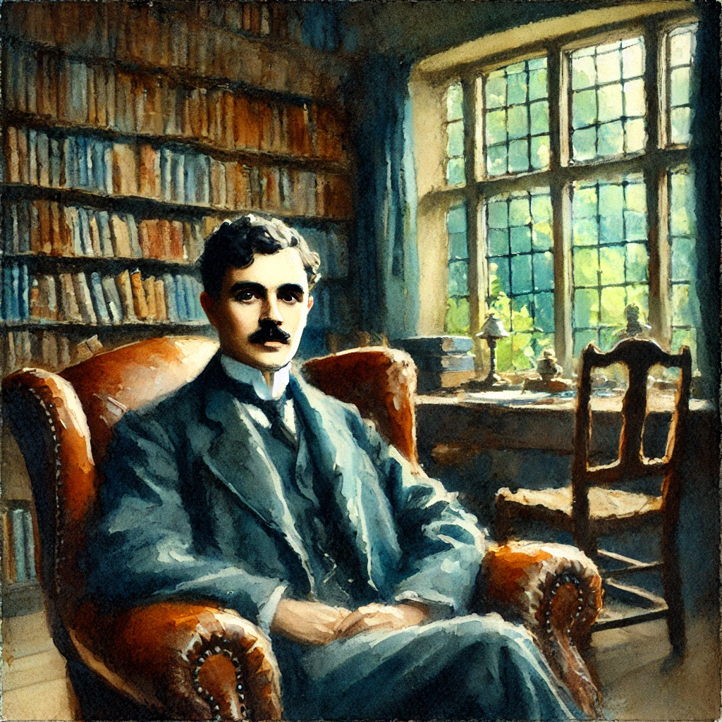 DALL-E generated watecolor of JM Keynes sitting ina brown leather chair in a library.