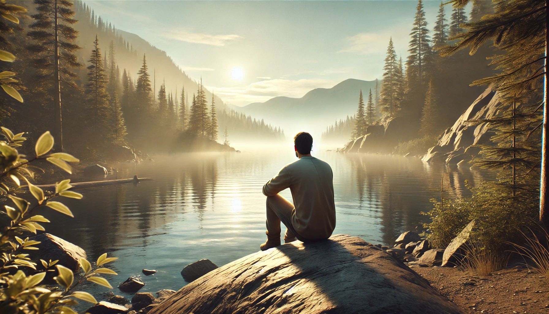 man sitting on rock overlooking mountain lake