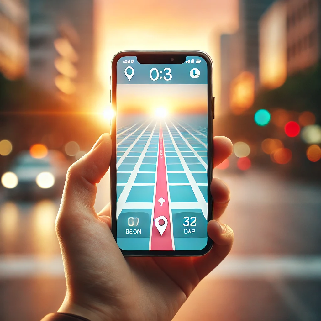 Person's hand on city street holding up phone with map displayed