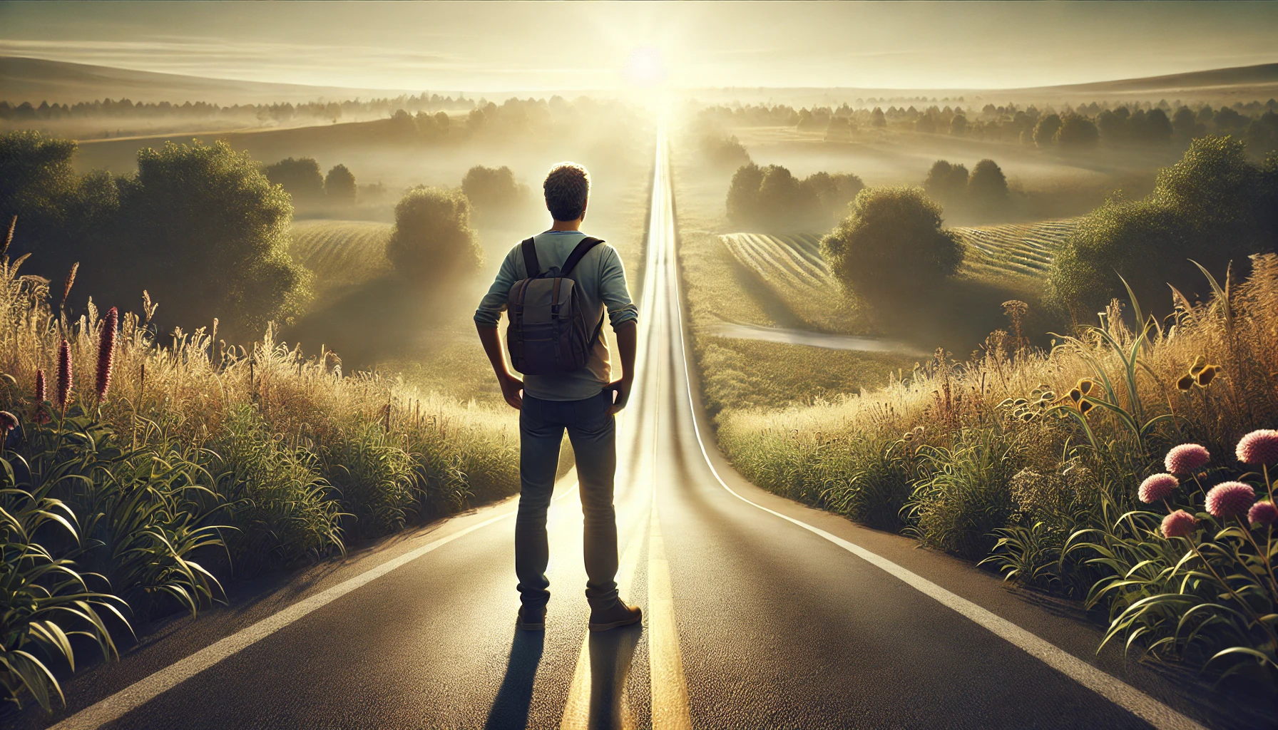 man at the beginning of a long road into the sunrise