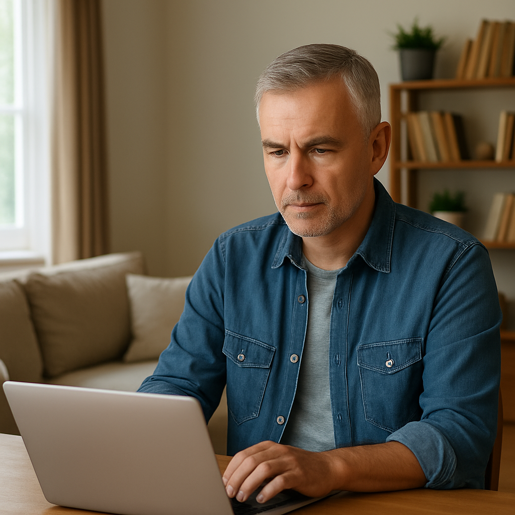 Man at home working on laptop learning to build cash flow after 50