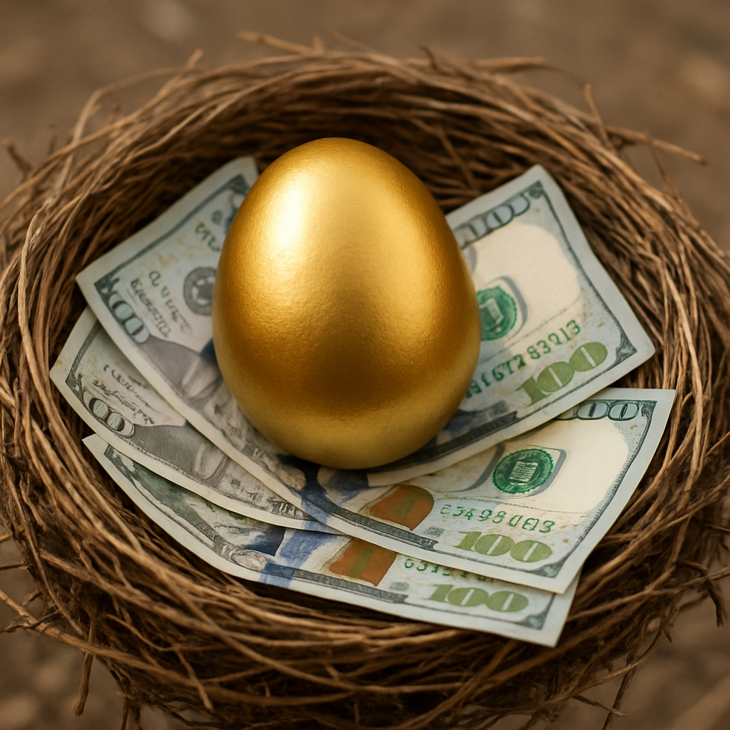 golden egg in bird nest lined by US $100 bills.