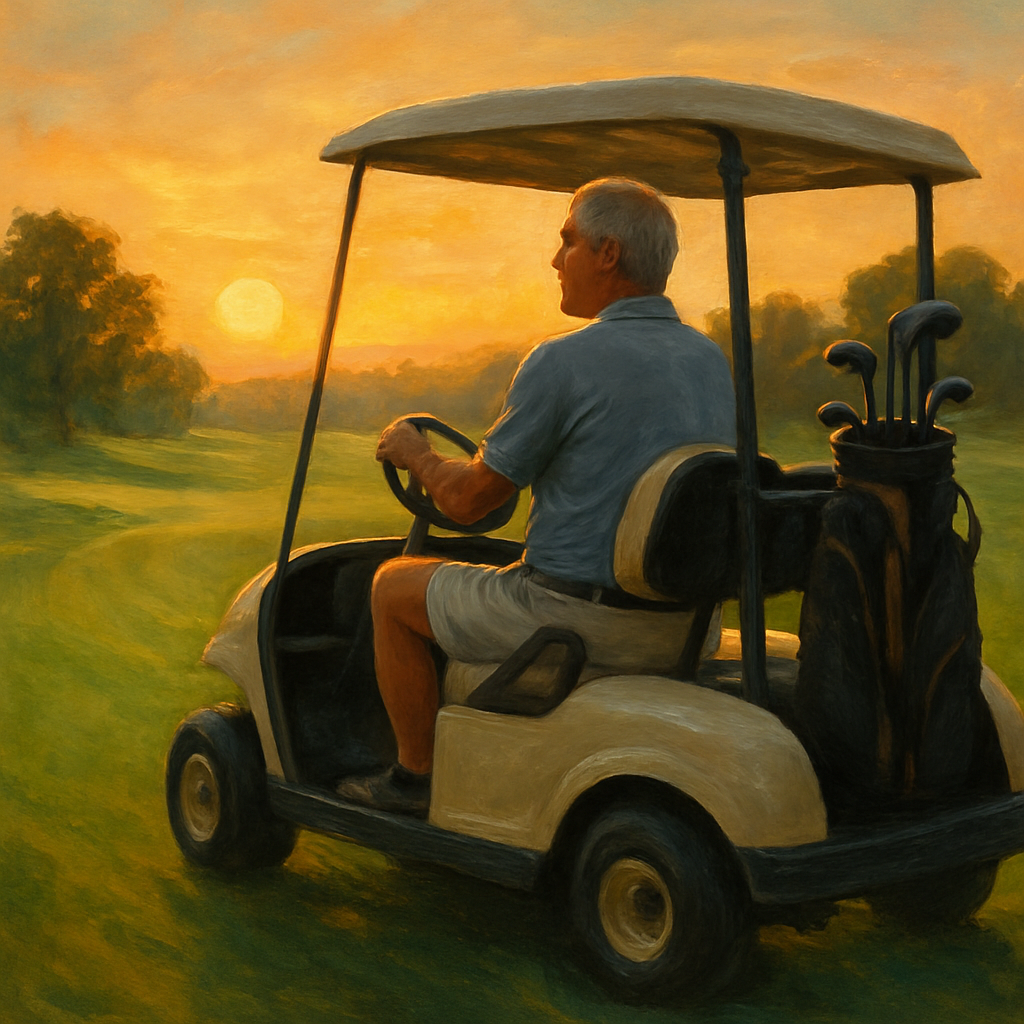 middle aged man riding golf cart into the sunset