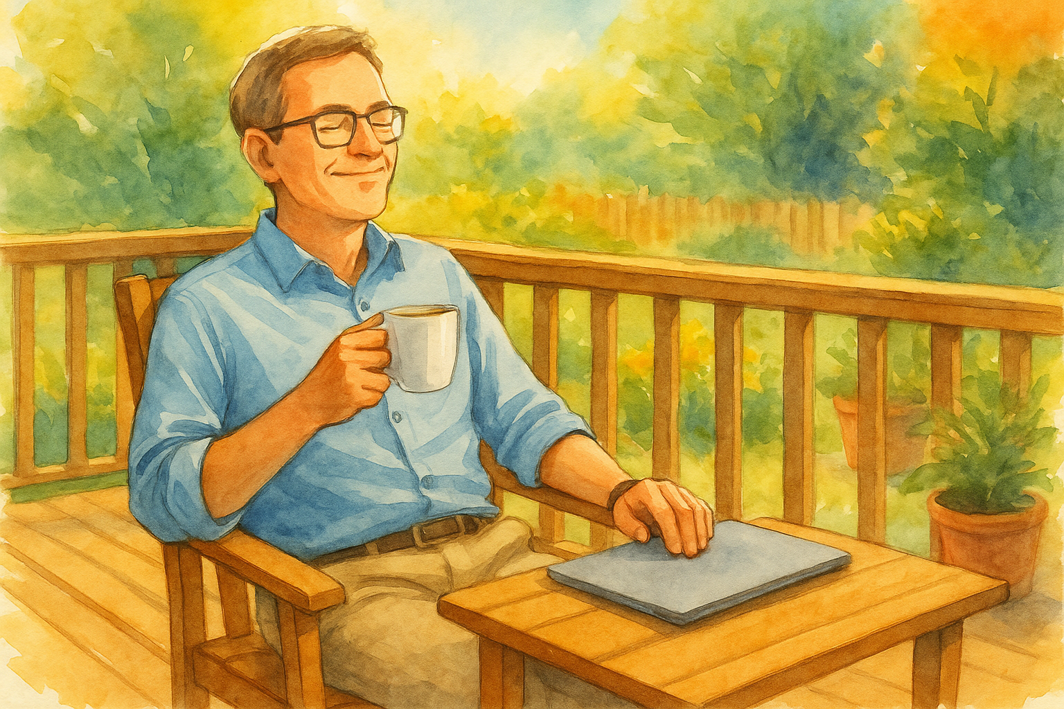 ChatGPT Image contented man contented man sitting at tabe on deck with laptop in front of him