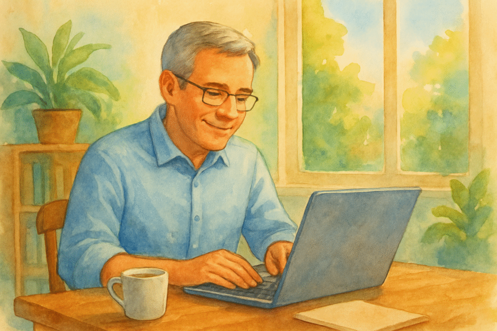 watercolor sketch middle aged man at laptop