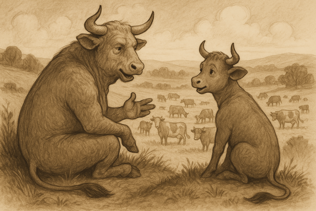 two bulls sitting ona hilll talking