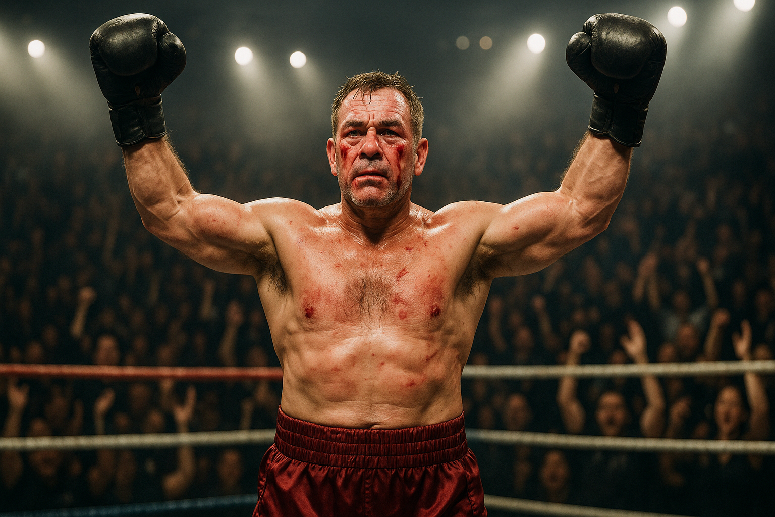 ChatGPT Image Boxer Middle aged boxer standing in the ring, victorious