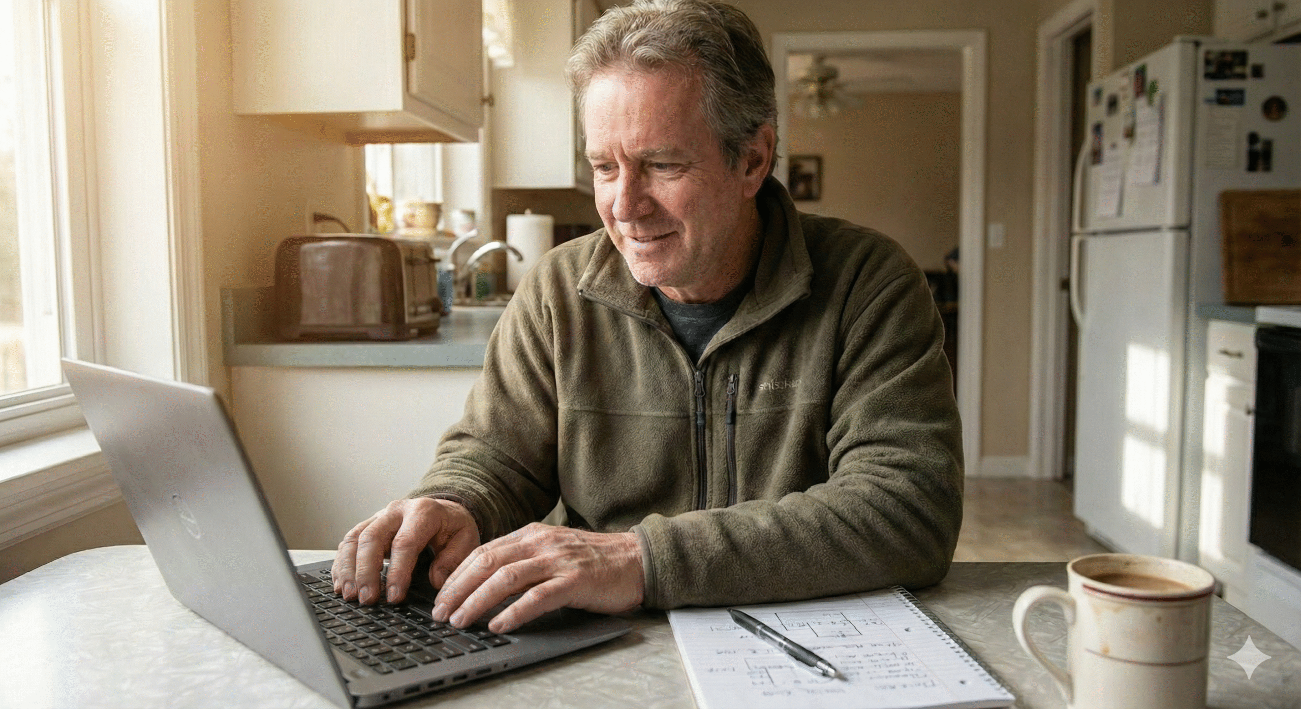 Optimistic man working on income solutions at kitchen table. 2026 Social Security COLA