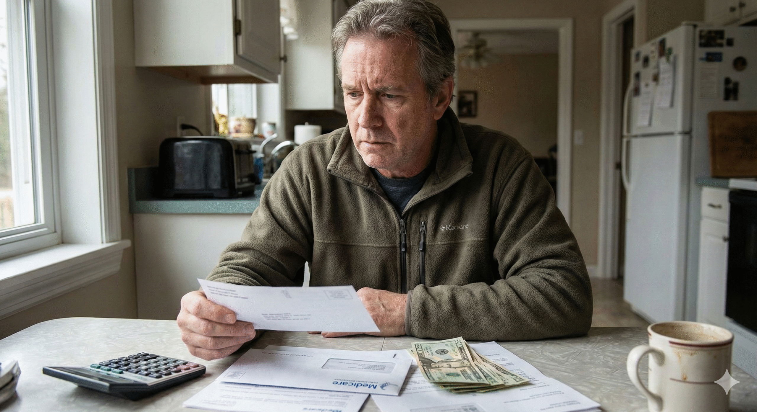 man sitting at kitchen table with bills looking worried