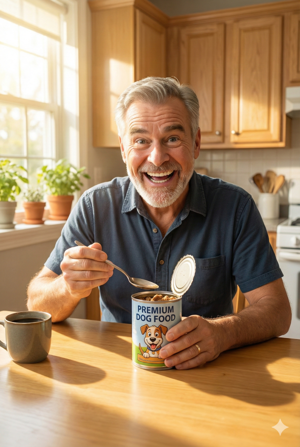 Middle-aged man sitting at a kitchen table. Sunny morning. light streaming in. He has an exagerrated smile - like a game show girl showing prizes - while preparing to eat a can of dog food