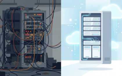 A split-scene illustration showing two servers or control panels side by side. The left side is older, cluttered, with tangled cables and blinking warning lights. The right side is clean, minimal, cloud-based — lighter, almost floating. Flat design style, muted tech color palette, no text or logos. For my article discussing the new product, EmDash.