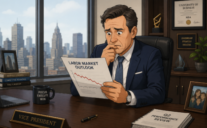 Worried looking executive reading a Labor Dept report worried about white collar job security