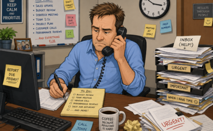 Cartoon image of middle-aged man at desk with piles of work to do
