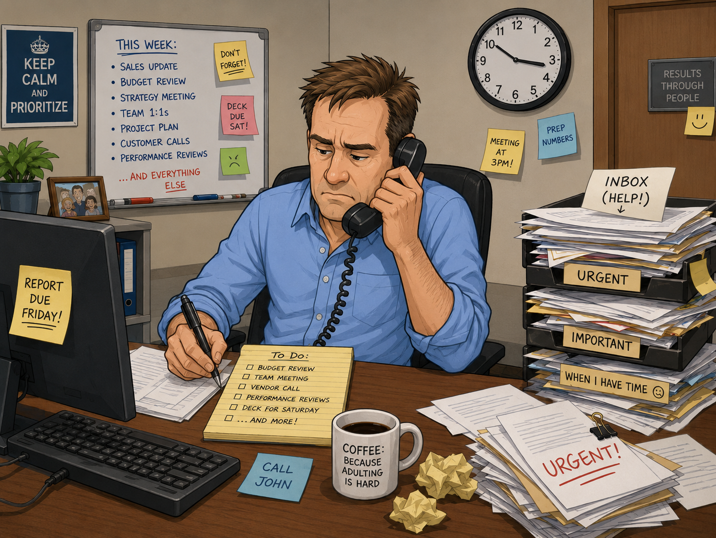 Cartoon image of middle-aged man at desk with piles of work to do