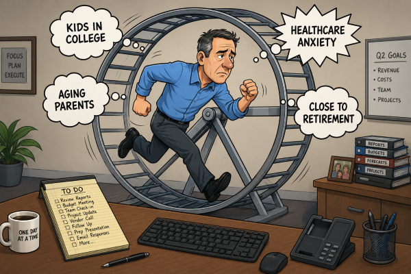 same guy and have him running on a hamster wheel. Still looking worried. Thought balloons or bursts showing "Kids in college", "Aging parents", "Healthcare anxiety", "Close to retirement"