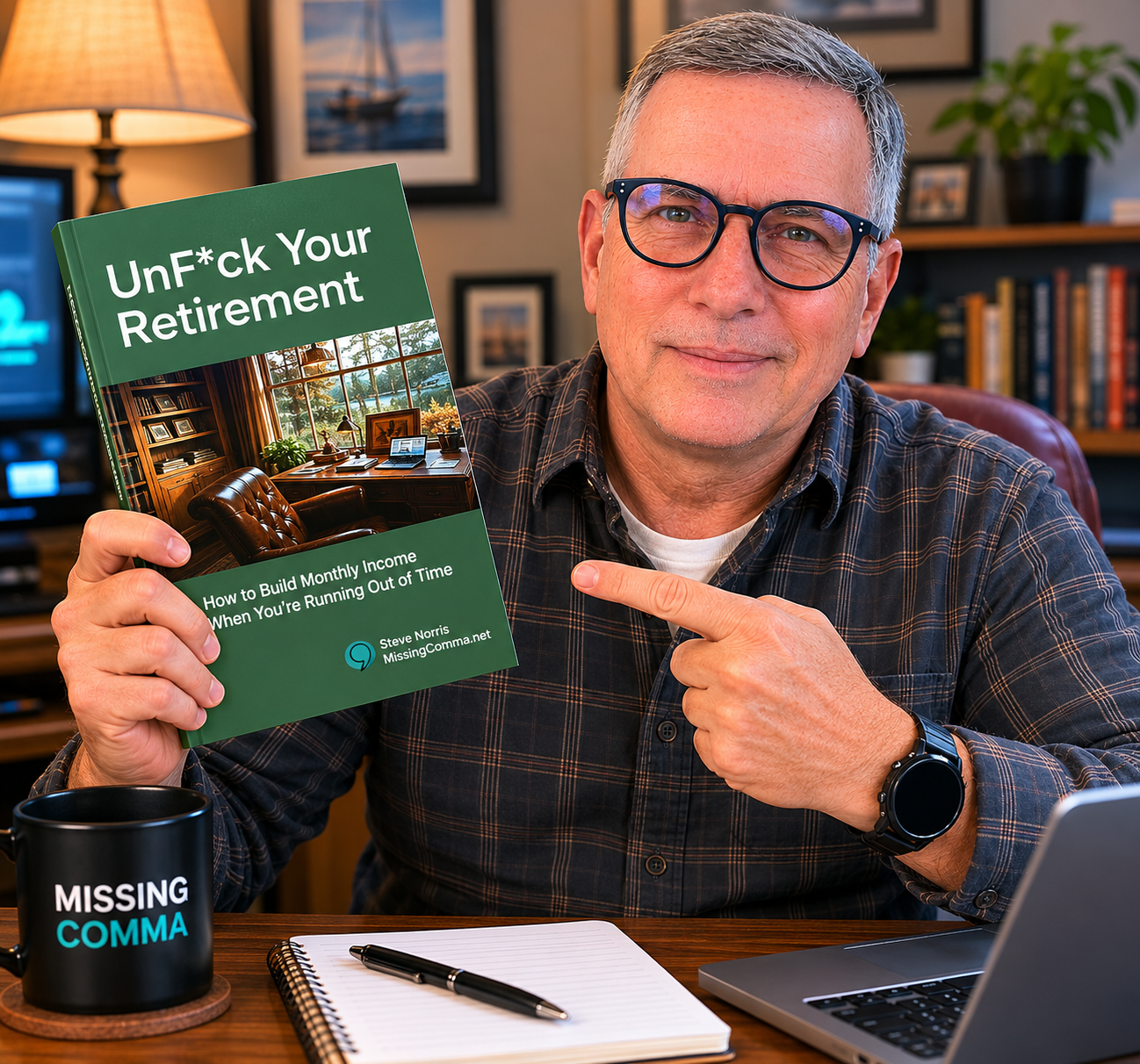 ChatGPT_Image_053026_Steve_Guide Steve holding copy of UnFck Your Retirement Guide